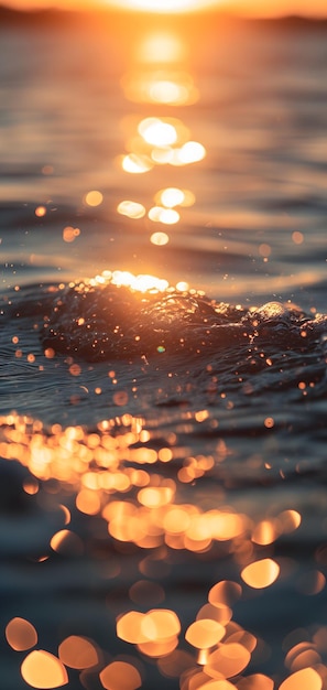 Bokeh de puesta de sol en el agua cielo dorado sobre un cuerpo de agua con la luz reflejando y creando un bokeh
