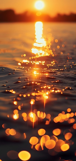 Bokeh de puesta de sol en el agua cielo dorado sobre un cuerpo de agua con la luz reflejando y creando un bokeh