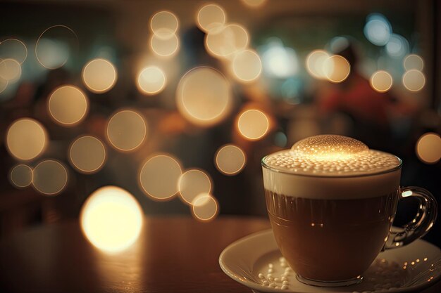 Bokeh y tonos antiguos infunden esta foto con café con leche de doble exposición de un café