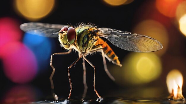 Bokeh von Wasserfliege und Lichtern auf schwarzem Hintergrund