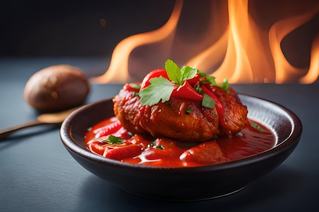 Un bol de albóndigas con un fuego de fondo