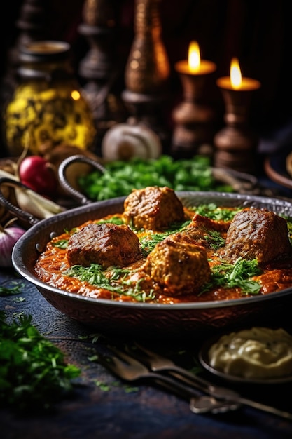 Un bol de albóndigas con salsa roja y una vela al fondo.