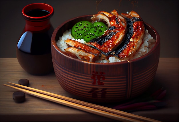 Un bol de arroz con una bebida japonesa de fondo.