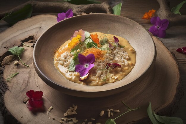 Un bol de arroz con una flor al lado.