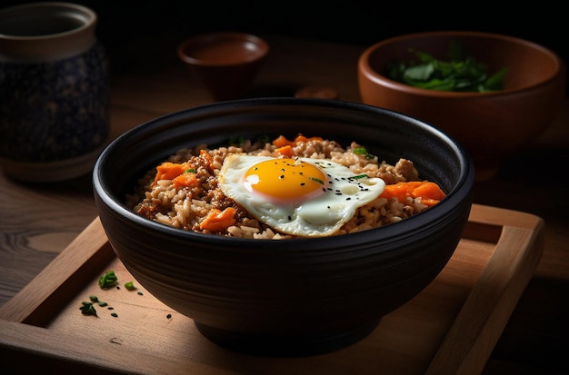 Un bol de arroz con un huevo encima