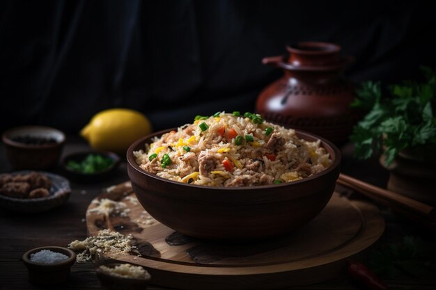 Un bol de arroz con un limón amarillo al fondo.