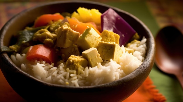 Un bol de arroz con tofu y verduras