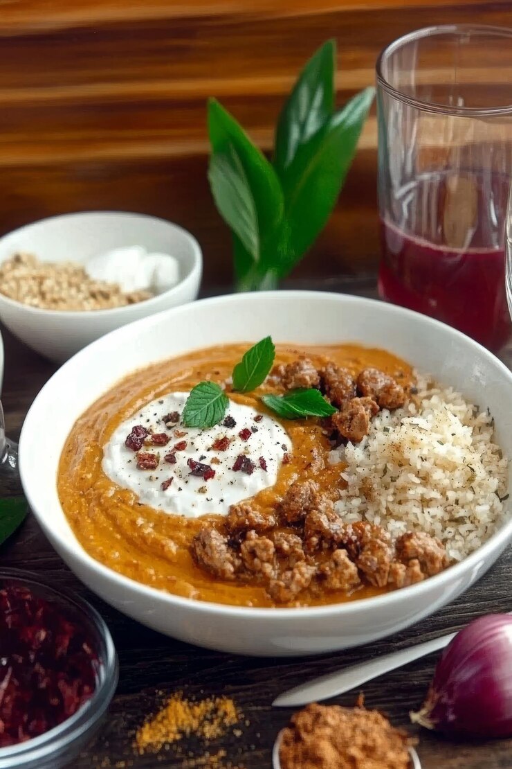 Foto bol de bulgur servido con carne salsa y yogur acompañado de bebida en un ambiente acogedor