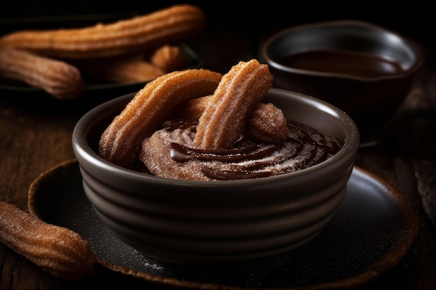 Un bol de churros con un churro de fondo