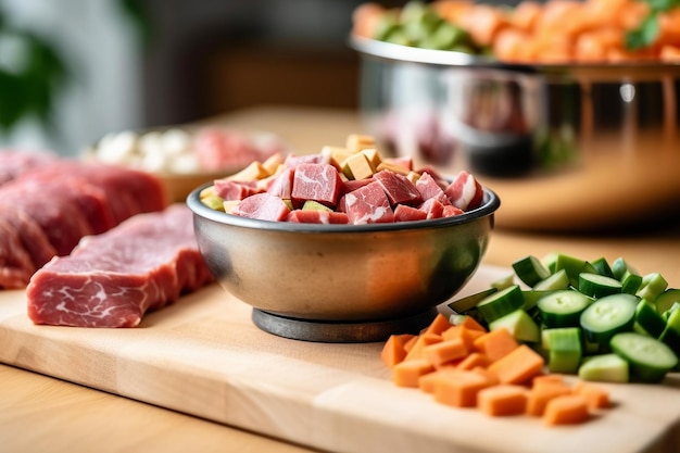 Bol de comida para perros carne y verduras IA generativa