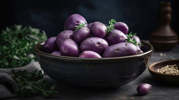 Bol de batatas púrpuras cruas tomilho e descascador em fundo escuro generativo ai