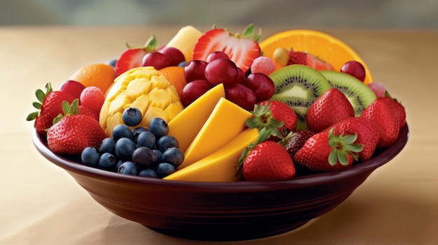 Bol de frutas frescas, tais como bagas, melões cortados em fatias e citrinos gerados por IA