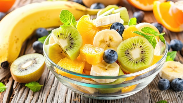 Bol de vidro com salada de frutas de banana, kiwi e laranja