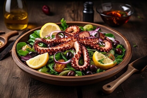 Un bol de ensalada de pulpo con aceitunas y rodajas de limón