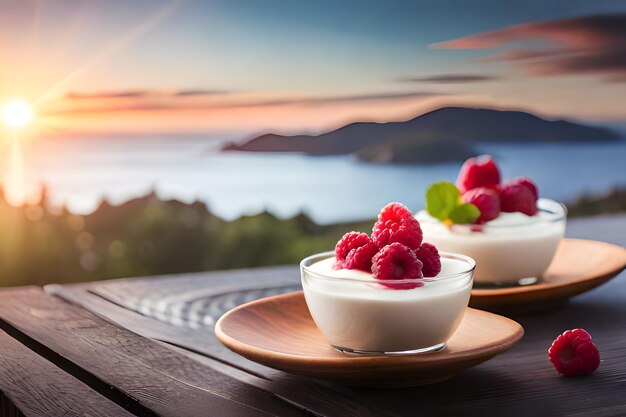 un bol de frambuesas y un bol de yogur en una bandeja de madera con un lago al fondo.