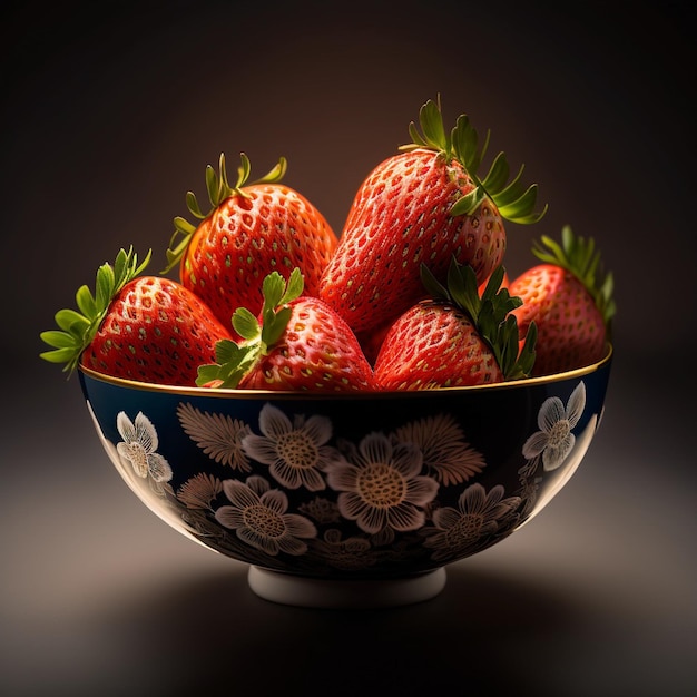 Un bol de fresas con un diseño floral en la base.