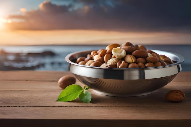 Un bol de frutos secos con un atardecer de fondo