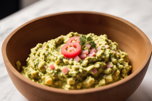 Un bol de guacamole con una rodaja de tomate encima.