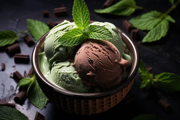 un bol de helado con hojas de menta