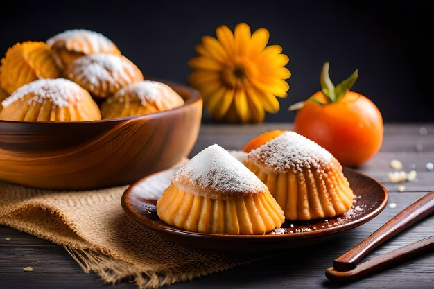 Un bol de muffins de naranja con una flor al lado.