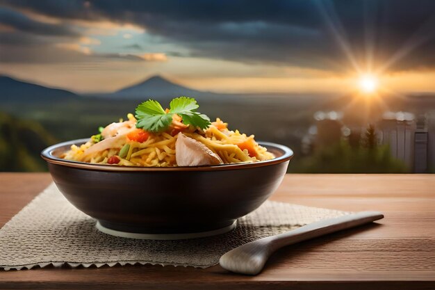 Un bol de pasta con un atardecer de fondo