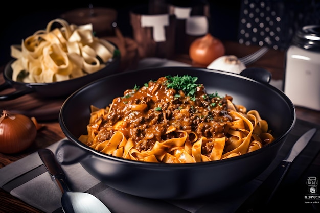 Un bol de pasta con salsa de ternera y champiñones