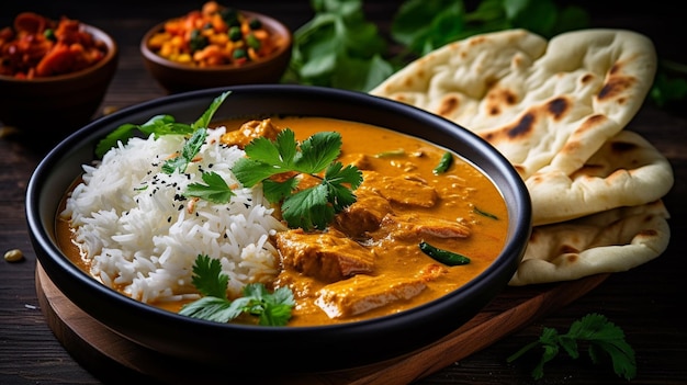 Un bol de pollo al curry con arroz y pan naan