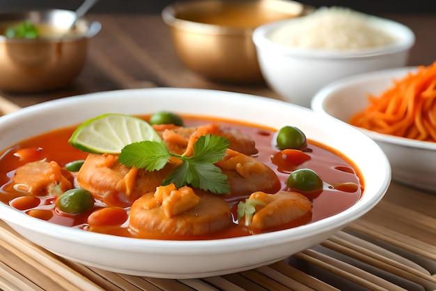 Un bol de pollo al curry con arroz y verduras