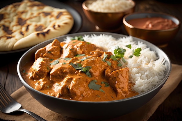 Un bol de pollo tikka masala con arroz y pan naan