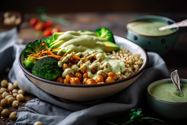 Un bol de quinoa con salsa verde encima