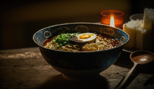 Un bol de ramen con un huevo frito encima