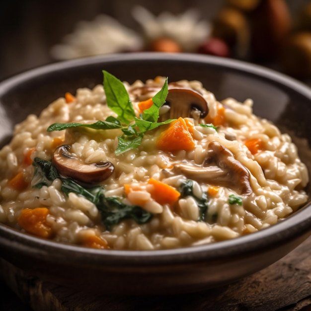 Un bol de risotto con champiñones y espinacas