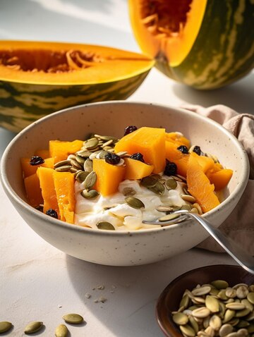 Un bol de semillas de calabaza y mango con un bol de yogur y un bol de yogur.  | Imagen Premium generada con IA