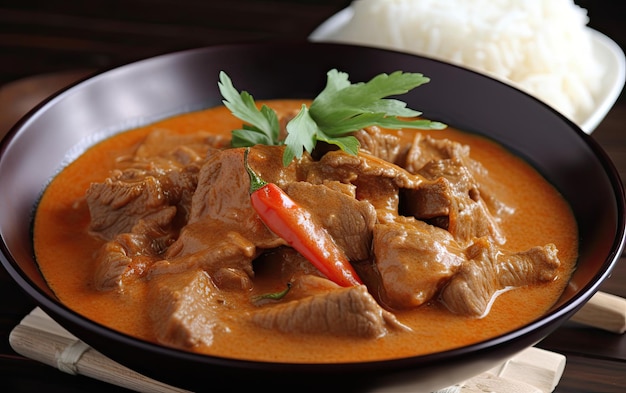 Foto un bol de ternera al curry con arroz y una hoja de perejil.