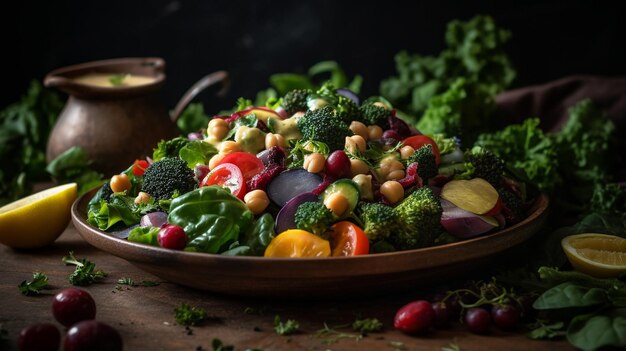 Un bol de verduras mixtas con una cucharada de brócoli y garbanzos