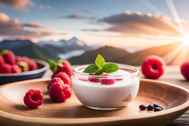 Foto un bol de yogur con frambuesas y una montaña al fondo.