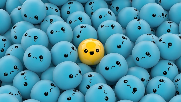 Una bola amarilla con una cara feliz entre muchas bolas azules con fondo de representación 3D de caras tristes