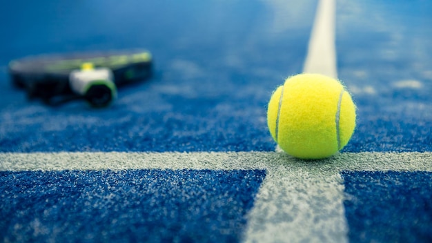 Bola amarilla en el suelo detrás de la red de paddle en la cancha azul al aire libre. El pádel es un juego de raqueta. Concepto de deporte profesional