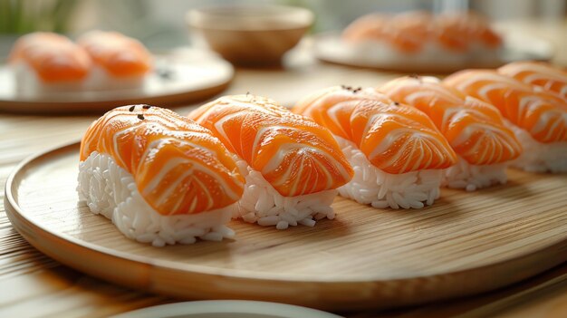 Foto bola de arroz en forma de círculo cubierta de rebanadas de salmón y ligeramente dispuesta para formar sushi