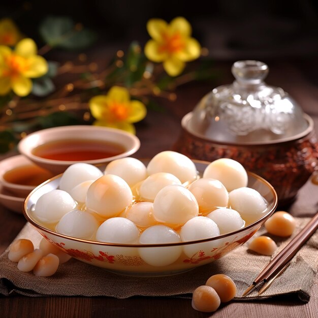 Bola de arroz glutinoso de Tangyuan en jarabe dulce