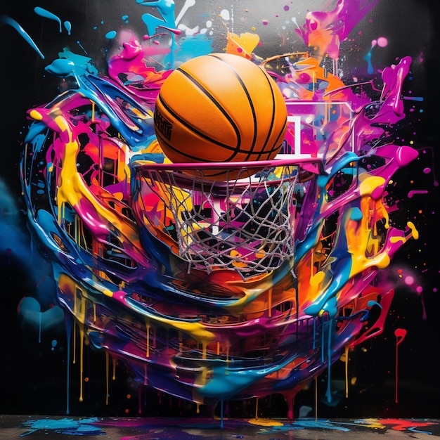 Foto bola de baloncesto arrafada en una canasta con salpicaduras de pintura de colores