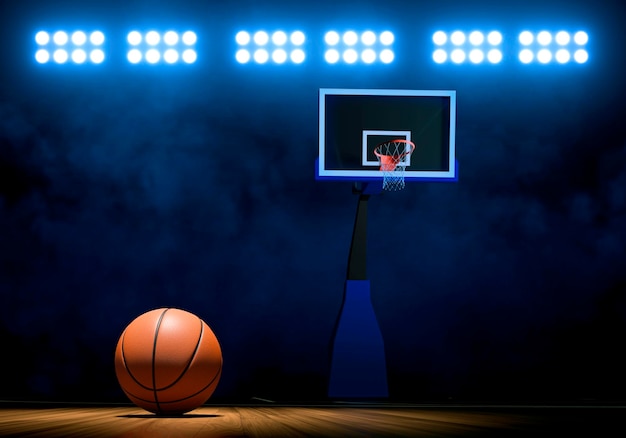 Bola de baloncesto en una cancha de baloncestro realista en un ángel oscuro con reflectores