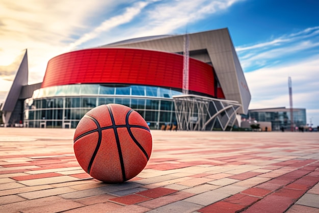 Bola de baloncesto frente a un estadio moderno IA generativa