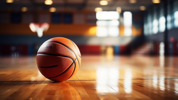 Bola de baloncesto sobre el suelo en el gimnasio