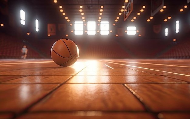 Bola de baloncesto en el suelo de una arena vista de cerca desdibujado fondo del estadio