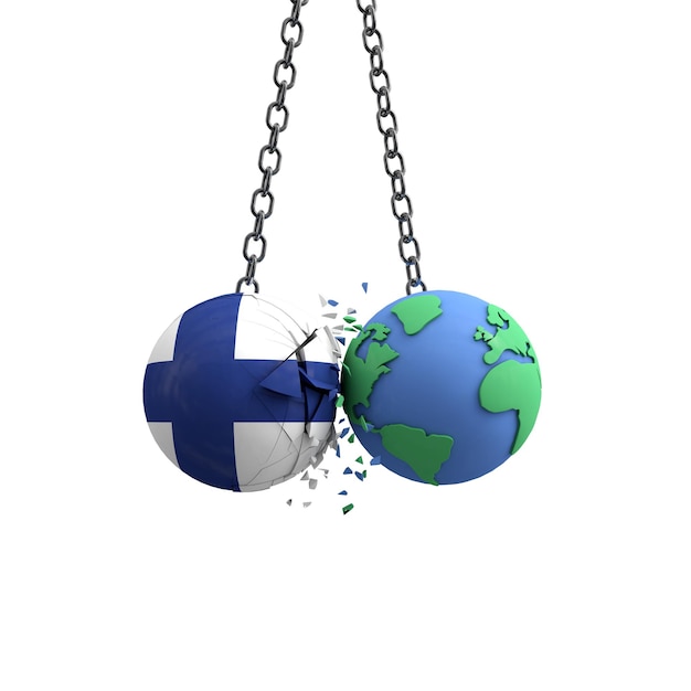 La bola de la bandera de Finlandia golpea el concepto de impacto ambiental del planeta tierra d render