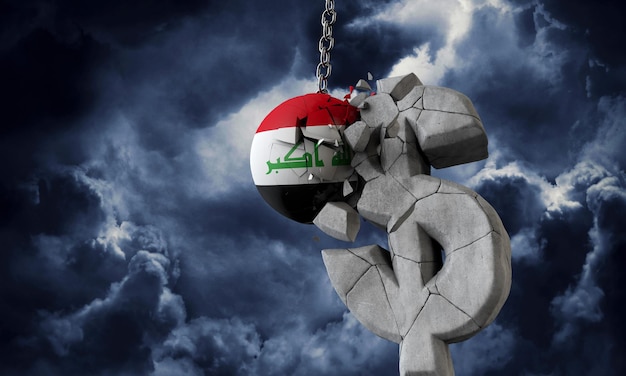 Bola de bandera de irak rompiendo un símbolo de moneda de dólar usa d render