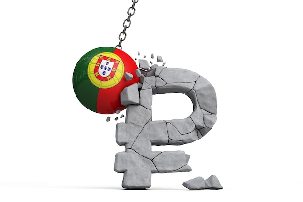Bola de bandera de portugal rompiendo un símbolo de moneda rublo ruso sanciones económicas concepto d render
