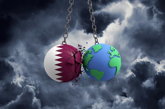 Bola de la bandera de Qatar chocando contra el impacto global del planeta tierra y el concepto de desastre d render