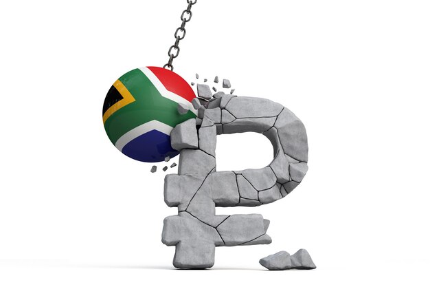 Bola de bandera de sudáfrica rompiendo un símbolo de moneda rublo ruso sanciones económicas concepto d render
